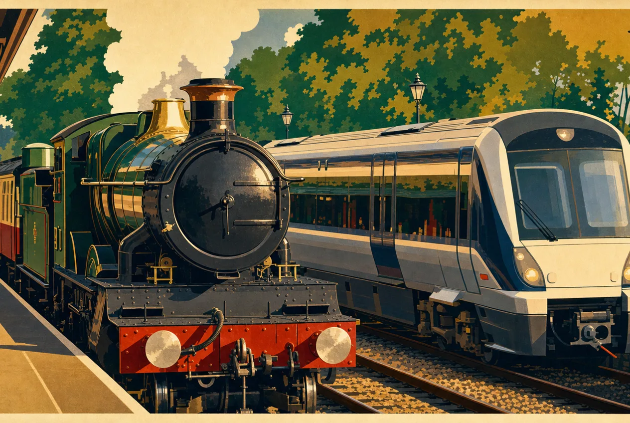 The same scene reimagined as a mid-century vintage railway travel poster