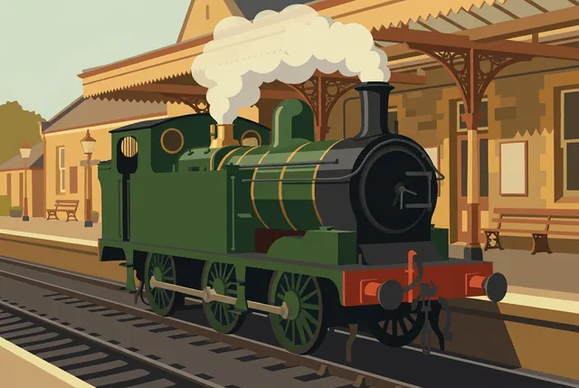 Railway poster style: flat colour blocks